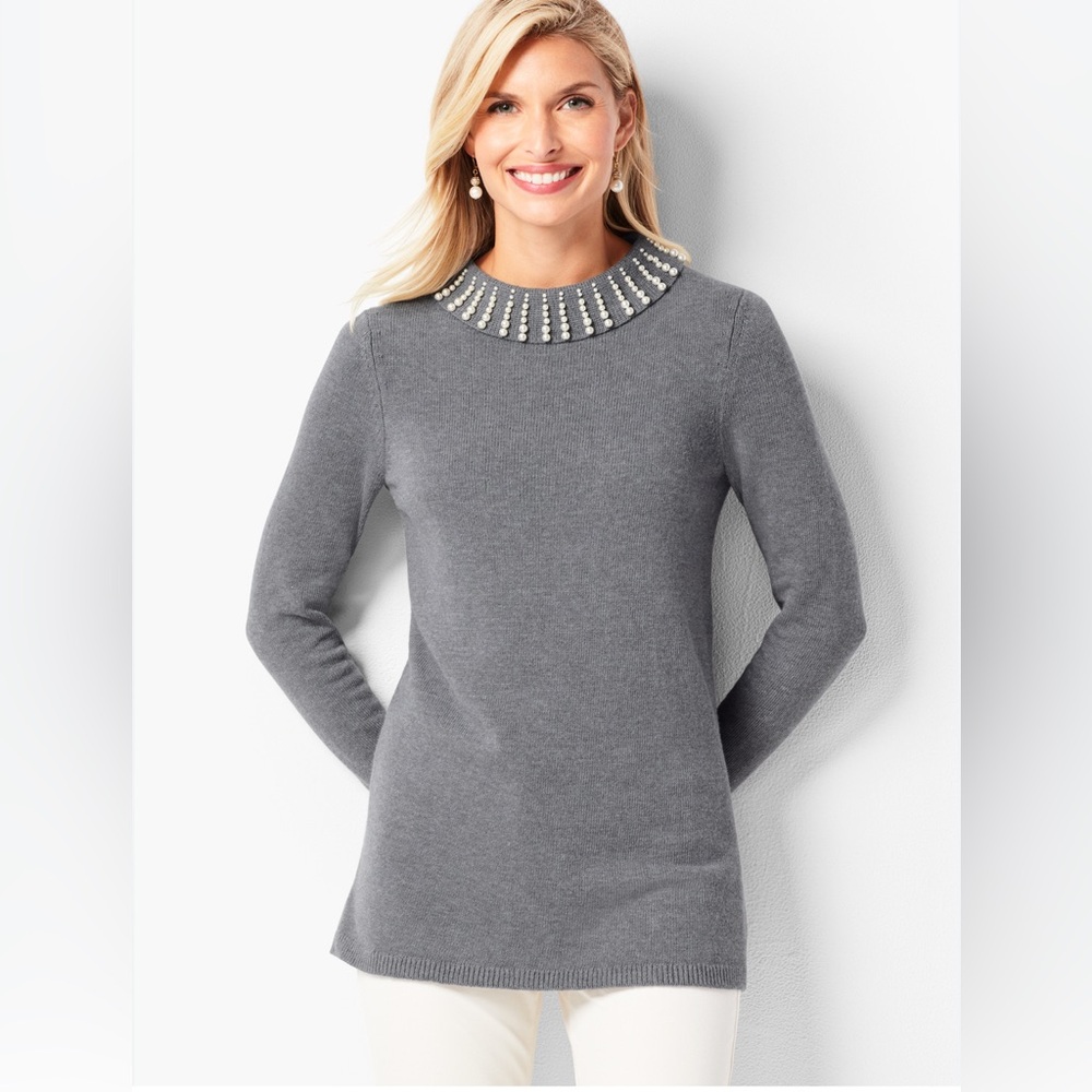Women’s Talbots Sabrina Cashmere Blend Pearl Beaded Gray Tunic Sweater XS